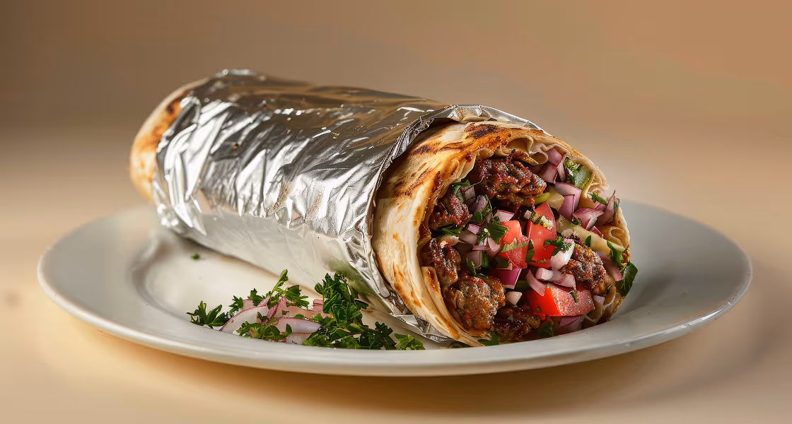 Grilled wrap filled with grilled meat, tomatoes, onions, and herbs, partially wrapped in foil on a white plate with parsley garnish.